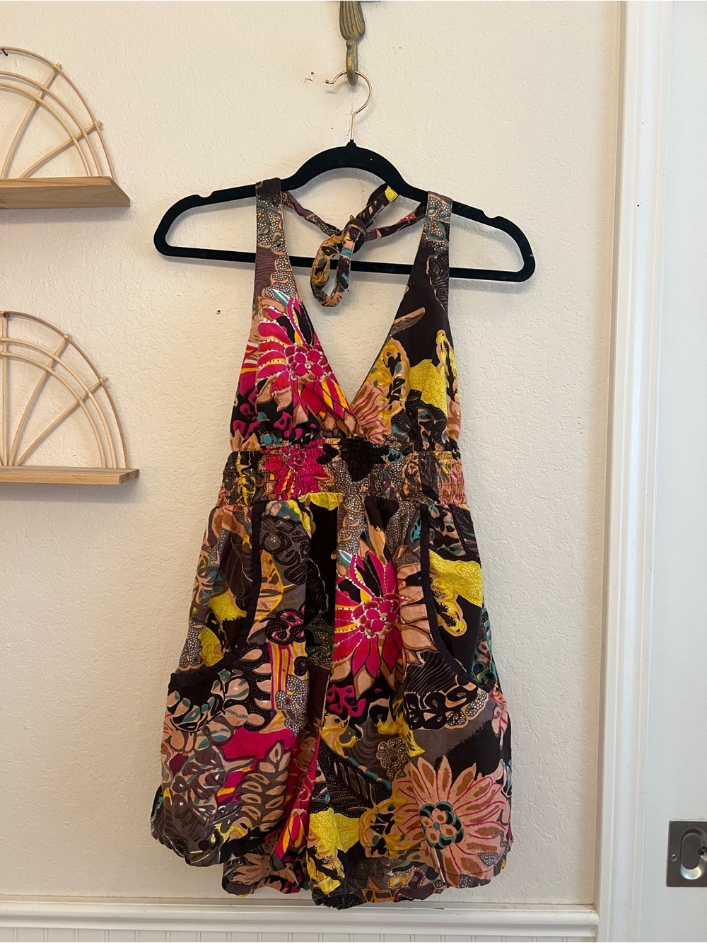Fire Los Angeles L Floral Halter Mini Romper Open Back Boho Y2K